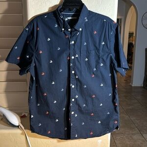 Michael Bastian Blue with Red White Blue Scorpions Printed Short Sleeve Shirt